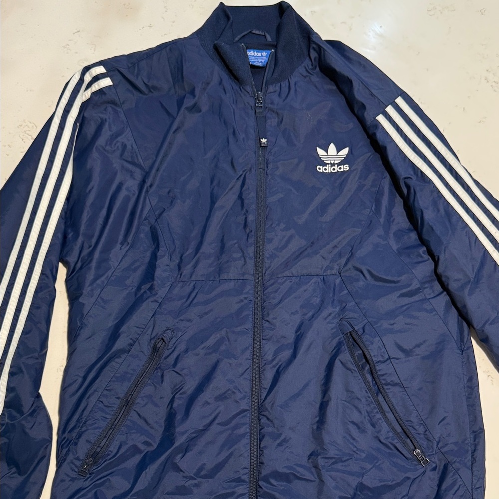 Adidas Men's Dark Blue Windbreaker with White Stripes 90s